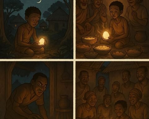 African folklore illustration of an orphan boy with a glowing magic stone that produces food, later stolen by a greedy man in the village.