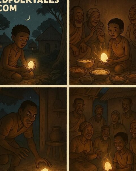 African folklore illustration of an orphan boy with a glowing magic stone that produces food, later stolen by a greedy man in the village.