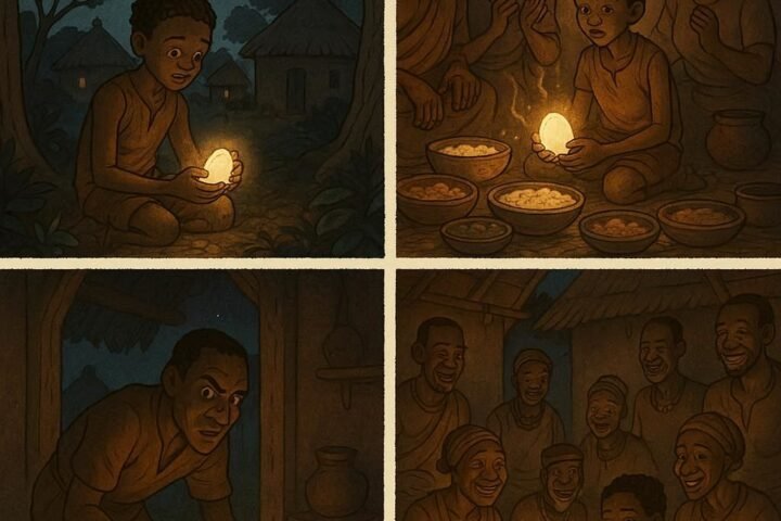 African folklore illustration of an orphan boy with a glowing magic stone that produces food, later stolen by a greedy man in the village.