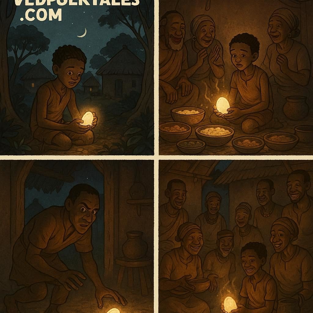 African folklore illustration of an orphan boy with a glowing magic stone that produces food, later stolen by a greedy man in the village.