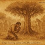 Kakpo kneels before Loko tree, dust on forehead, villagers vanished, Dahomean folktale.