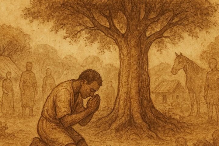 Kakpo kneels before Loko tree, dust on forehead, villagers vanished, Dahomean folktale.