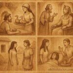 Parchment-style illustration showing Egyptian scholar, clever wife, prince, and sick woman scenes.