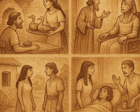 Parchment-style illustration showing Egyptian scholar, clever wife, prince, and sick woman scenes.