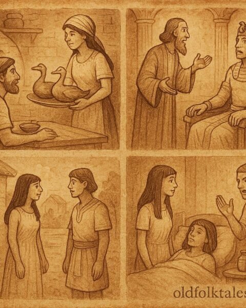 Parchment-style illustration showing Egyptian scholar, clever wife, prince, and sick woman scenes.