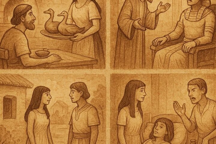 Parchment-style illustration showing Egyptian scholar, clever wife, prince, and sick woman scenes.