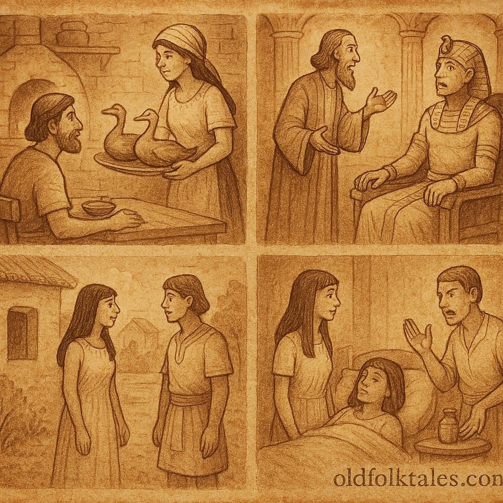 Parchment-style illustration showing Egyptian scholar, clever wife, prince, and sick woman scenes.