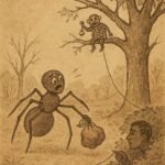Parchment-style illustration of Anansi tricked by Kweku Tsin in an Ashanti folktale from Ghana.
