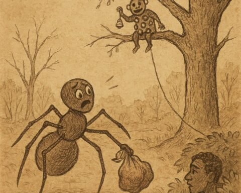 Parchment-style illustration of Anansi tricked by Kweku Tsin in an Ashanti folktale from Ghana.