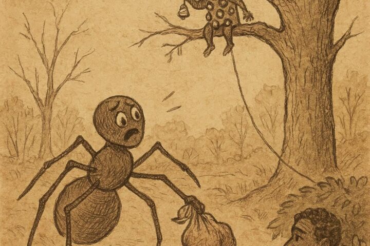 Parchment-style illustration of Anansi tricked by Kweku Tsin in an Ashanti folktale from Ghana.