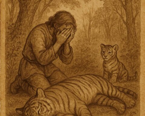 a man weeping beside a tiger lying motionless in the forest, while a tiger cub watches closely – Wolof folktale