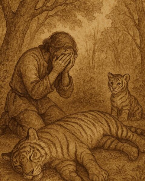 a man weeping beside a tiger lying motionless in the forest, while a tiger cub watches closely – Wolof folktale