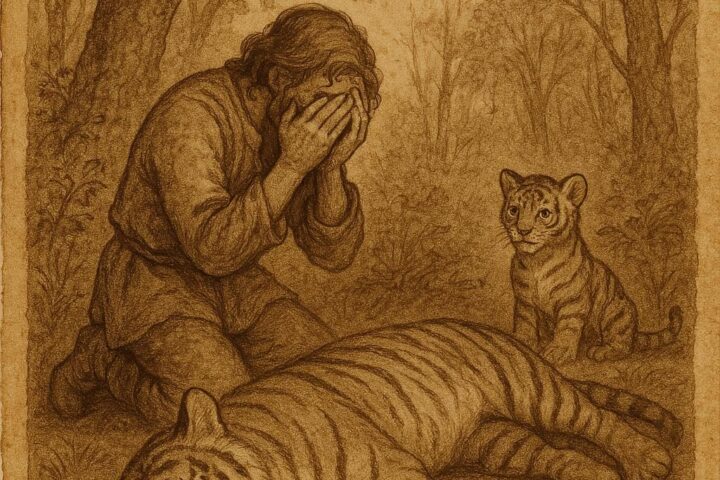 a man weeping beside a tiger lying motionless in the forest, while a tiger cub watches closely – Wolof folktale
