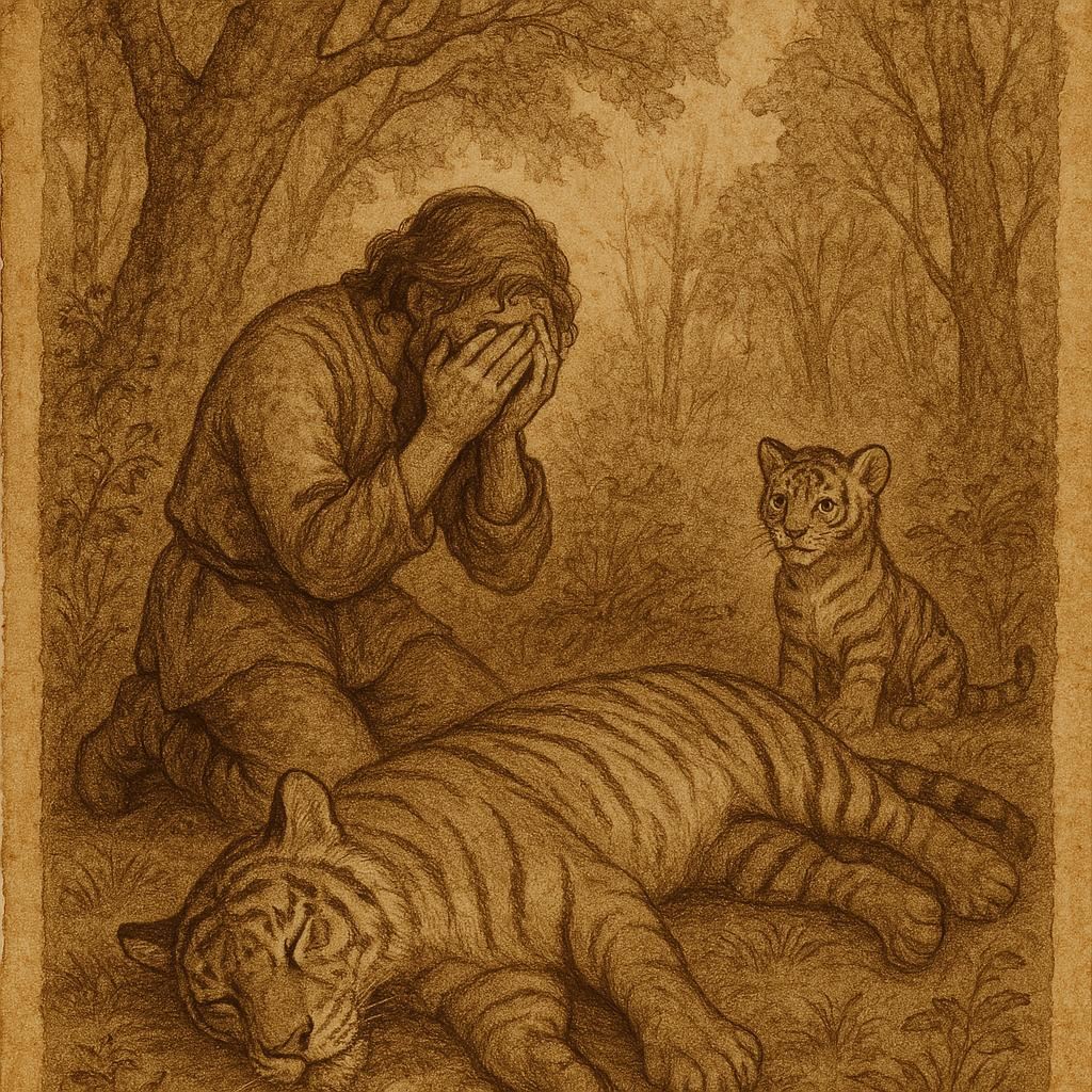 a man weeping beside a tiger lying motionless in the forest, while a tiger cub watches closely – Wolof folktale