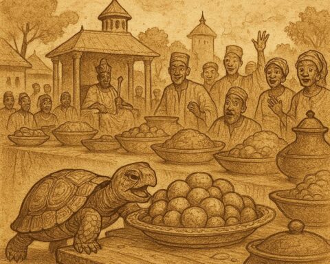 Tortoise sneaks food at a grand feast in a Yoruba palace setting, with villagers watching in a parchment-style aged storybook look – Yoruba folktales