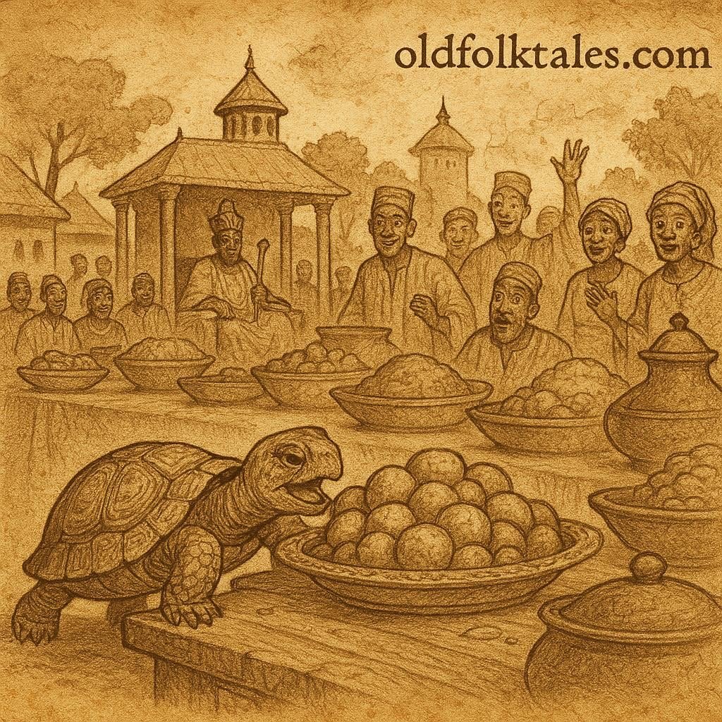 The Trickster Tortoise and the King’s Feast – Yoruba Folktale | FolktalesAfrica.com  Tortoise sneaks food at a grand feast in a Yoruba palace setting, with villagers watching in a parchment-style aged storybook look – Yoruba folktales