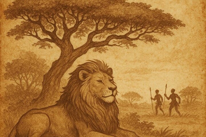 A proud lion under a tree with distant silhouettes of hunters, from the Western African folktale The Lion Who Thought Himself Wiser Than His Mother.