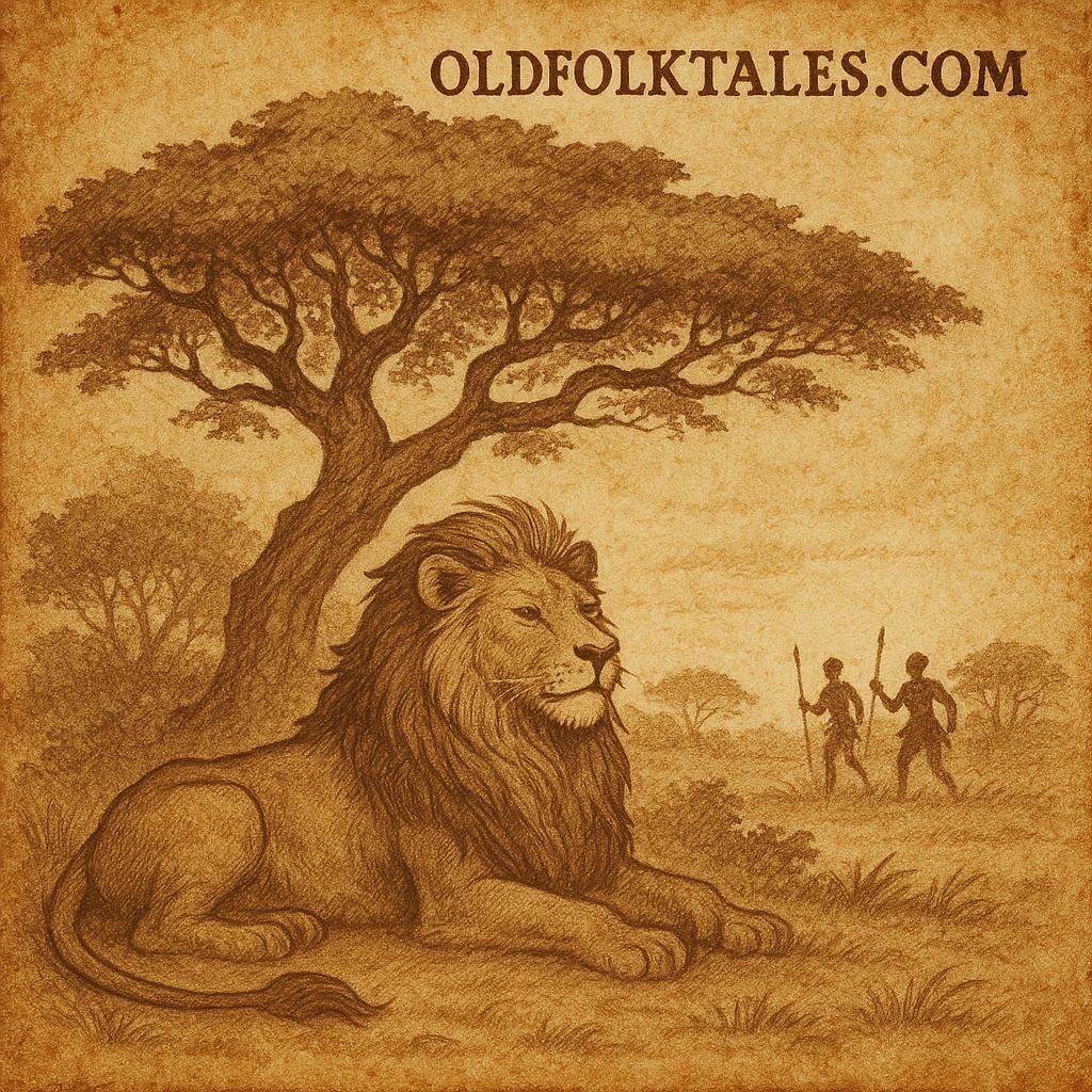 The Lion Who Thought Himself Wiser Than His Mother Western African folktale | FolktalesAfrica.com A proud lion under a tree with distant silhouettes of hunters, from the Western African folktale The Lion Who Thought Himself Wiser Than His Mother.