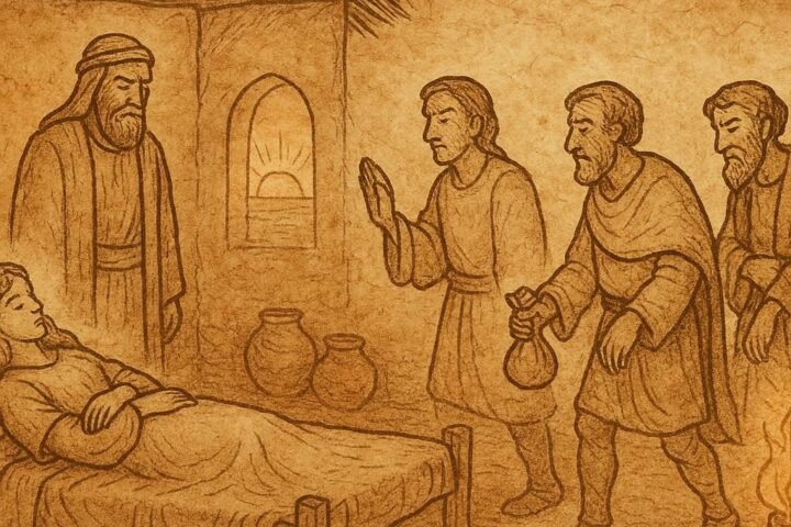 Parchment-style illustration of Morning Sunrise tested by suitors in African folktale, with earthy tones and village setting.