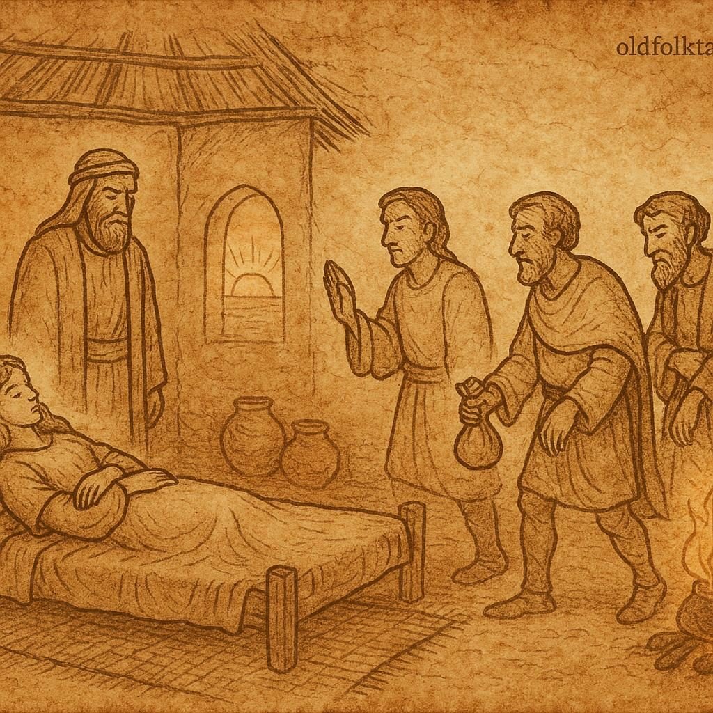 Parchment-style illustration of Morning Sunrise tested by suitors in African folktale, with earthy tones and village setting.