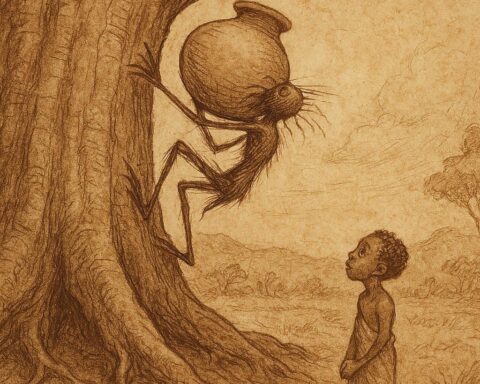 Kwaku Ananse struggling to climb a giant silk-cotton tree with a pot of wisdom, while his son Ntikuma watches, Ghanaian folktale.