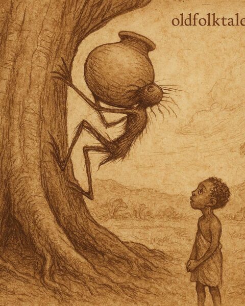 Kwaku Ananse struggling to climb a giant silk-cotton tree with a pot of wisdom, while his son Ntikuma watches, Ghanaian folktale.