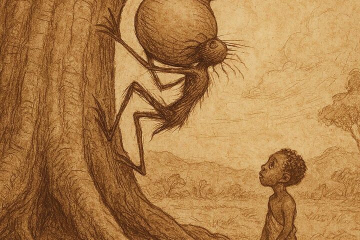 Kwaku Ananse struggling to climb a giant silk-cotton tree with a pot of wisdom, while his son Ntikuma watches, Ghanaian folktale.