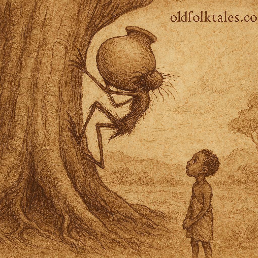 Kwaku Ananse struggling to climb a giant silk-cotton tree with a pot of wisdom, while his son Ntikuma watches, Ghanaian folktale.