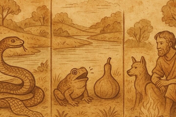 Parchment-style illustration showing serpent shedding skin, toad croaking, and dog by man, from Benin folktales.