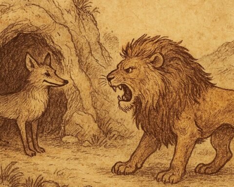 Parchment-style illustration of sly Jackal tricking angry Lion near cave, African folktale about wit over strength.