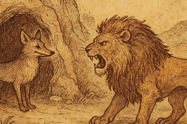 Parchment-style illustration of sly Jackal tricking angry Lion near cave, African folktale about wit over strength.
