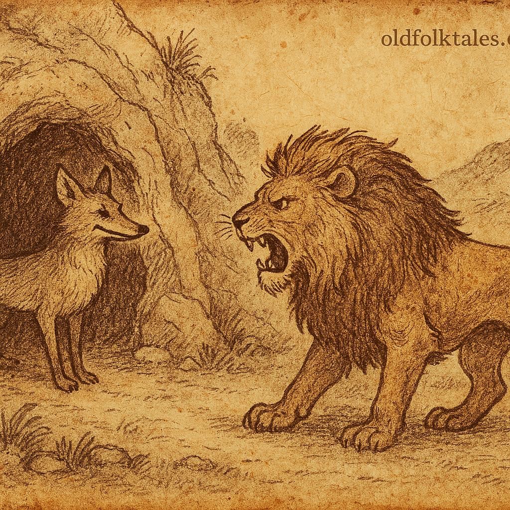 Parchment-style illustration of sly Jackal tricking angry Lion near cave, African folktale about wit over strength.