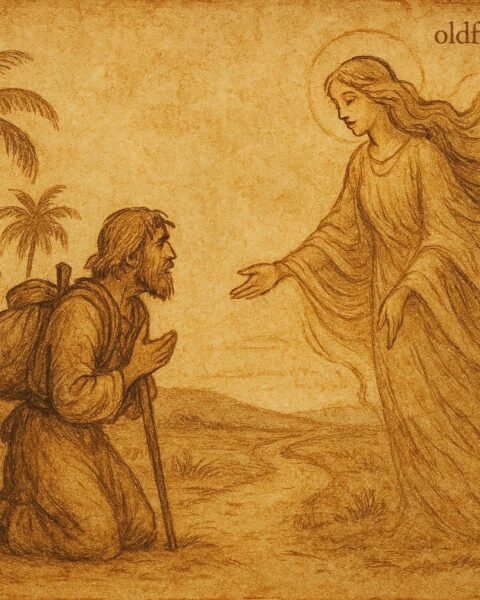 Parchment-style illustration of weary traveler meeting spirit of the World, African folktale teaching life’s lessons.