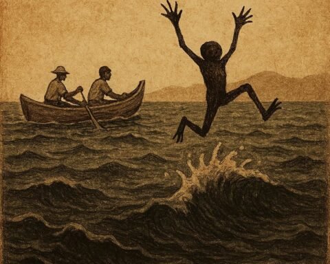 Parchment-style illustration of blind Anansi leaping from canoe, Ashanti folktale from Ghana, helpers rowing away.