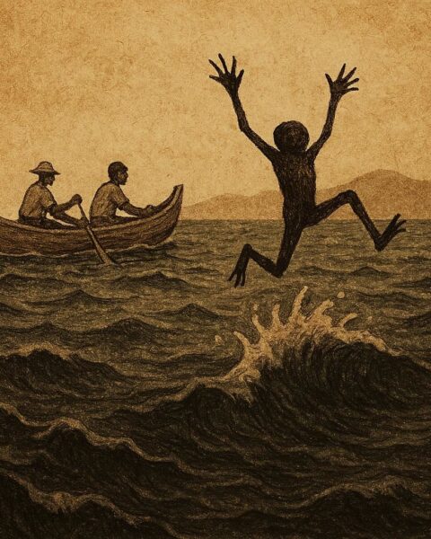Parchment-style illustration of blind Anansi leaping from canoe, Ashanti folktale from Ghana, helpers rowing away.