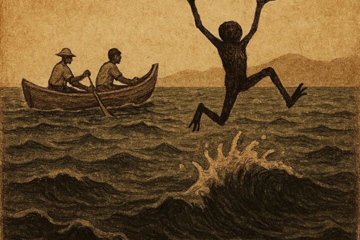 Parchment-style illustration of blind Anansi leaping from canoe, Ashanti folktale from Ghana, helpers rowing away.