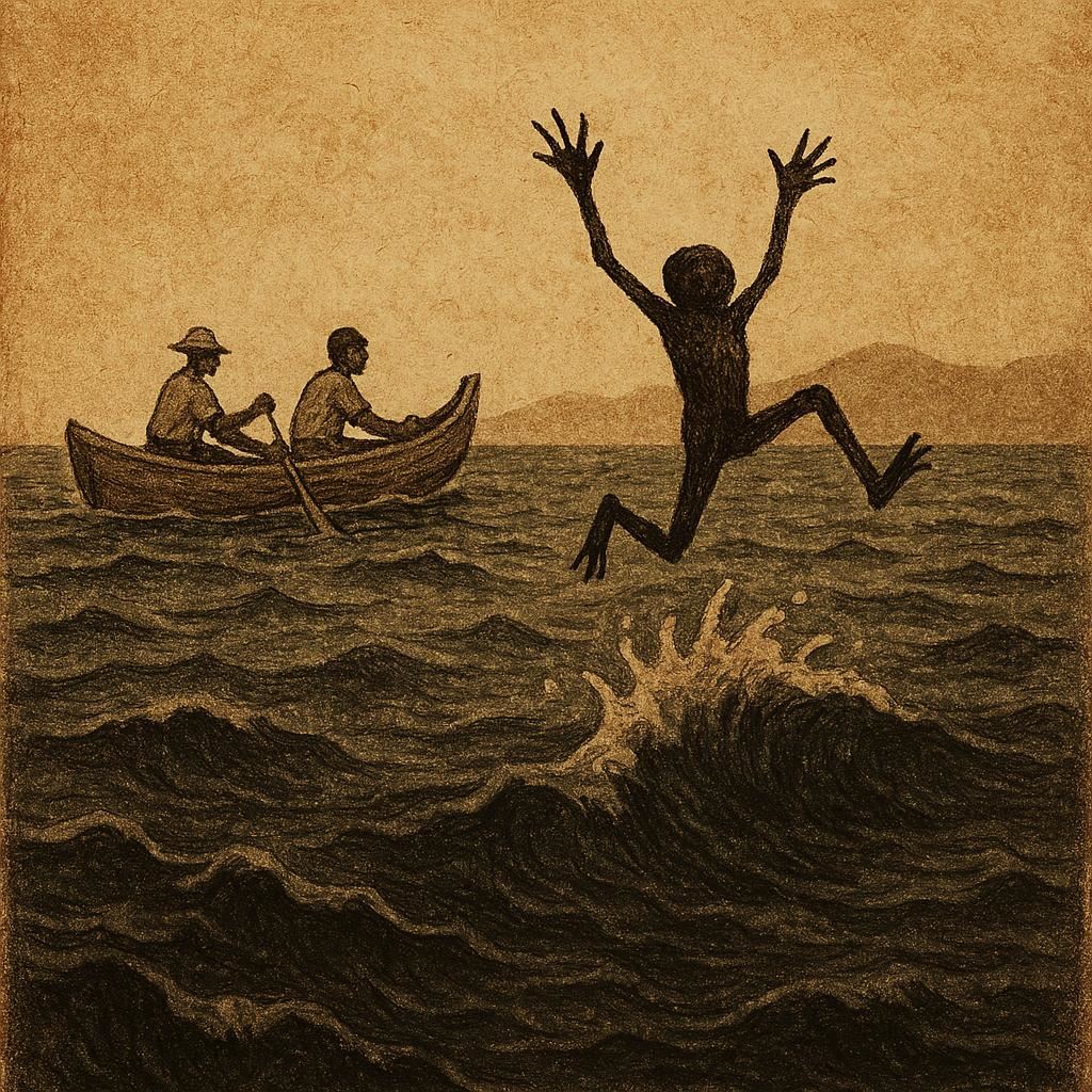 Parchment-style illustration of blind Anansi leaping from canoe, Ashanti folktale from Ghana, helpers rowing away.