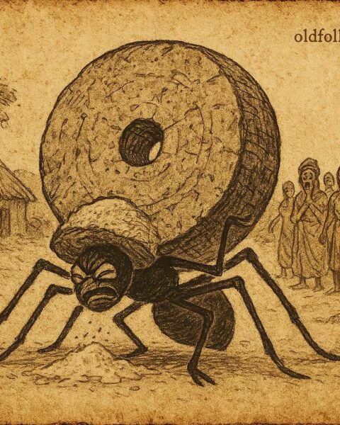 Parchment-style illustration of Anansi crushed under magical grinding-stone, Ashanti folktale from Ghana, villagers watching in background.