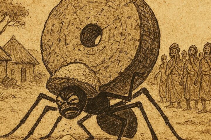 Parchment-style illustration of Anansi crushed under magical grinding-stone, Ashanti folktale from Ghana, villagers watching in background.