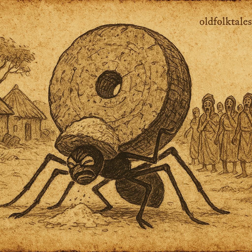 Parchment-style illustration of Anansi crushed under magical grinding-stone, Ashanti folktale from Ghana, villagers watching in background.