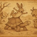 Parchment-style illustration of Rabbit trapped by Tortoise during drought, Southern African folktale scene, earthy warm tones.