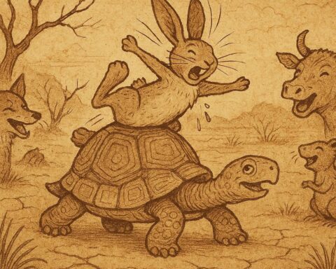Parchment-style illustration of Rabbit trapped by Tortoise during drought, Southern African folktale scene, earthy warm tones.
