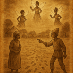 a wise fool standing before village elders and fairies, with footprints covering the sandy ground – African folktale