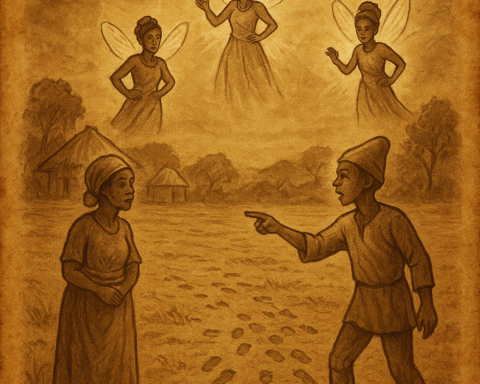 a wise fool standing before village elders and fairies, with footprints covering the sandy ground – African folktale