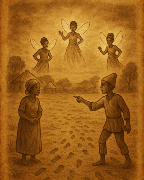 a wise fool standing before village elders and fairies, with footprints covering the sandy ground – African folktale