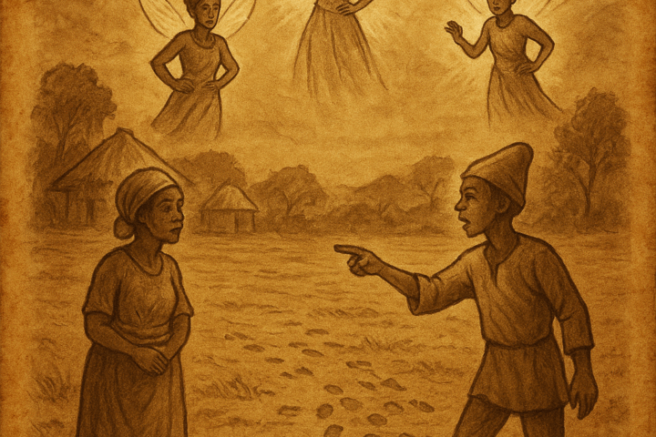 a wise fool standing before village elders and fairies, with footprints covering the sandy ground – African folktale