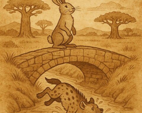 Old parchment-style illustration of hare and hyena in Senegalese folktale, showing wisdom, hard work, and traditional African storytelling.