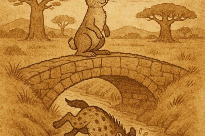 Old parchment-style illustration of hare and hyena in Senegalese folktale, showing wisdom, hard work, and traditional African storytelling.