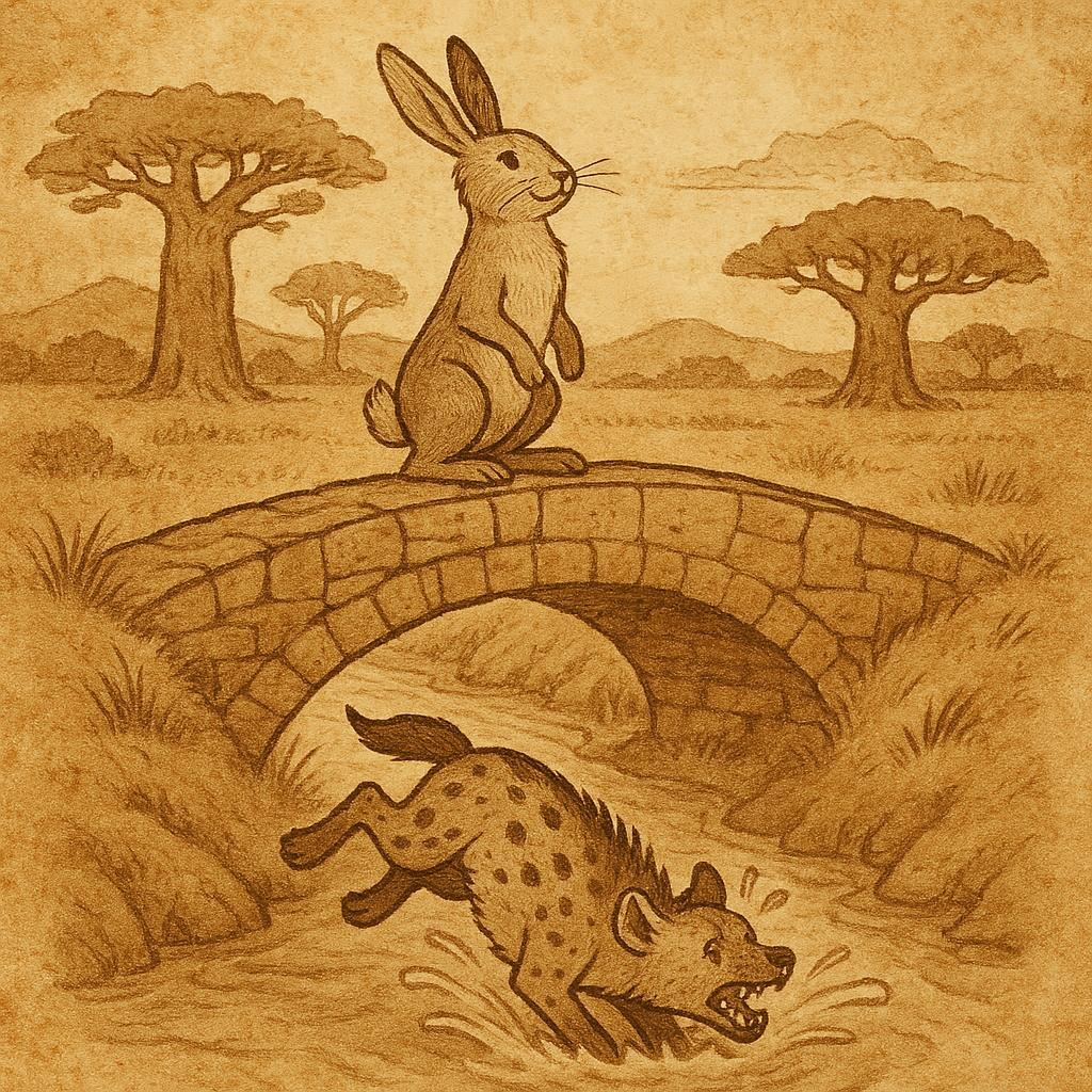 Old parchment-style illustration of hare and hyena in Senegalese folktale, showing wisdom, hard work, and traditional African storytelling.