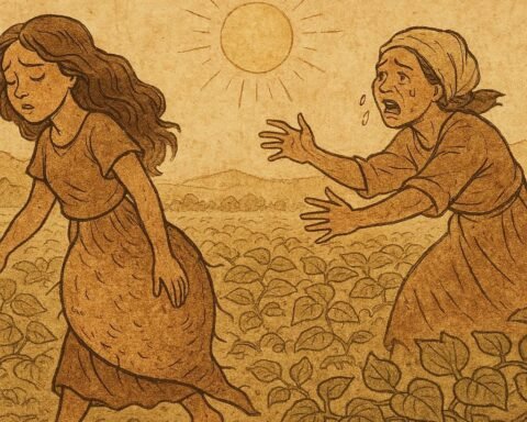 Parchment-style illustration of Adzanumee turning back into a yam as her mother weeps, Ashanti folktale from Ghana.